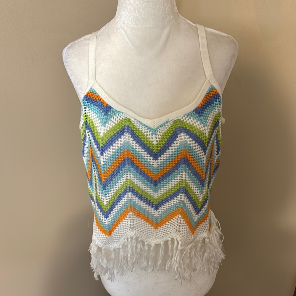 Almost Famous Blue and Green Cropped Crochet Tank Top